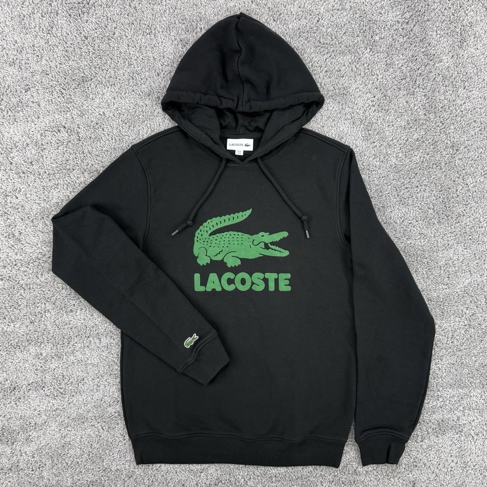 Lacoste Printed Logo‎ Fleece Hoodie Men's S Black Spellout Crocodile Drawstrings
